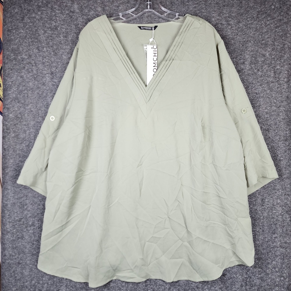 BloomChic Blouse Women Size 26 Sage Pleated V-Neck Roll-Tab Sleeve OIBXW23102